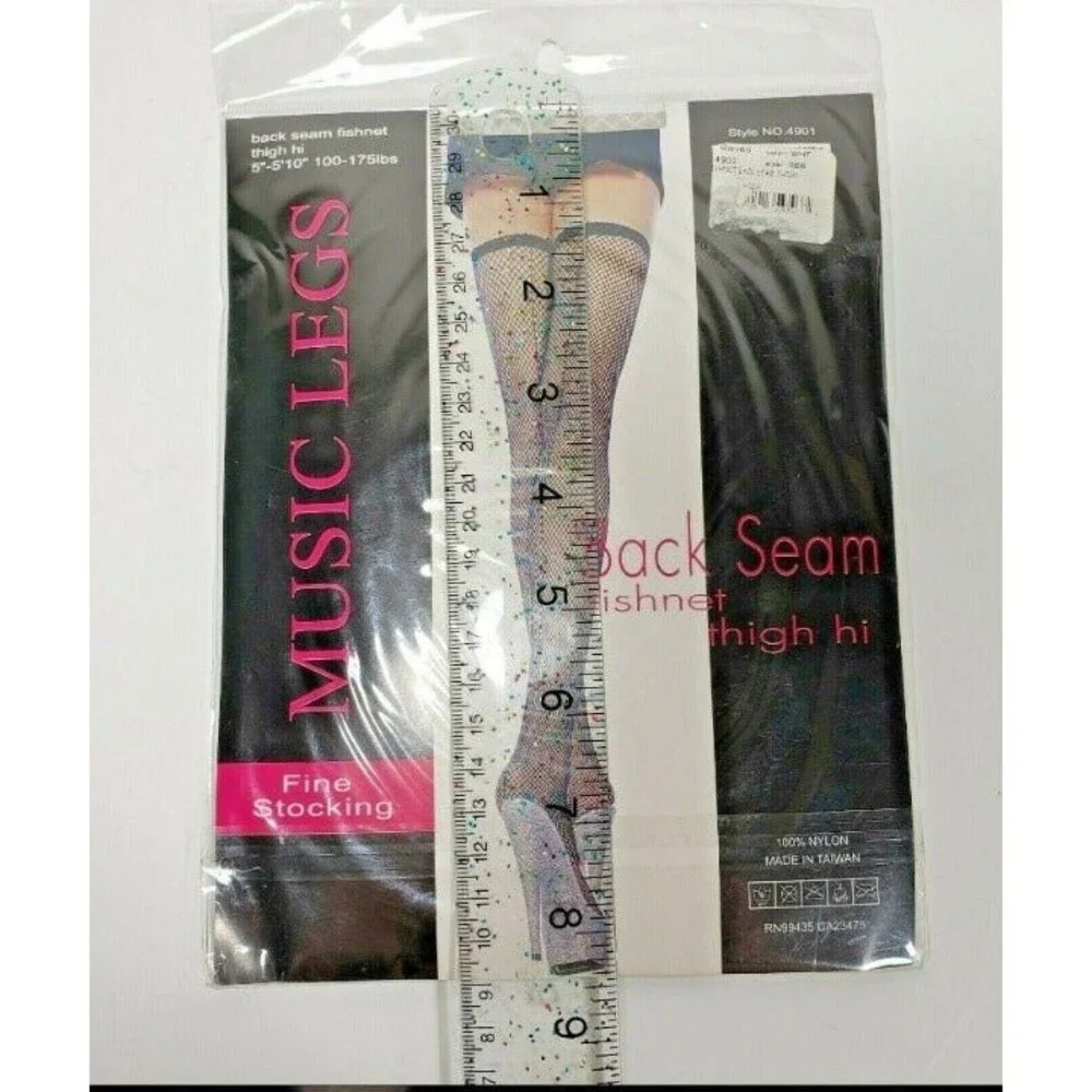 Thigh Hi Fishnet Stockings Back Seam White Nylon 5'-5'10 175 lbs. Music Legs